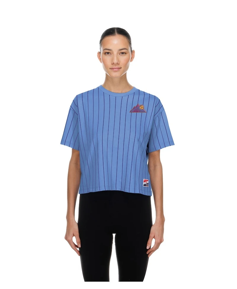New Era Women's Light Blue Colorado Rockies City Connect Throwback Meshback Pinstripe Boxy T-Shirt