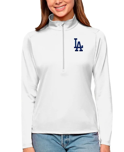Antigua Women's White Los Angeles Dodgers Tribute Quarter-Zip Pullover Top