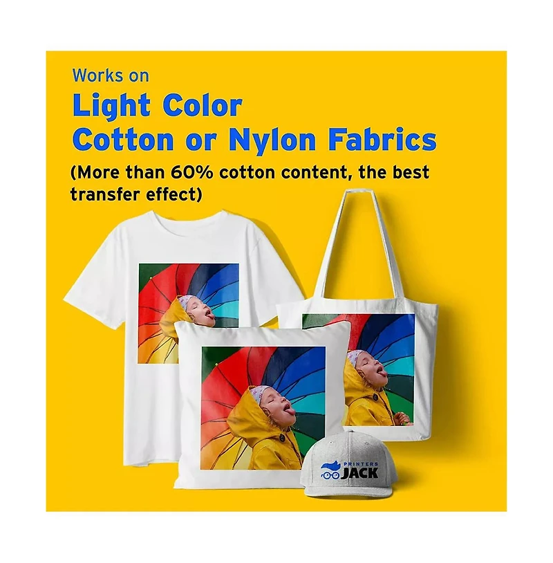 Printers Jack Iron On Heat Transfer Paper for White and Light Fabrics - A4 (8.3x11.7 in), 20 Sheets