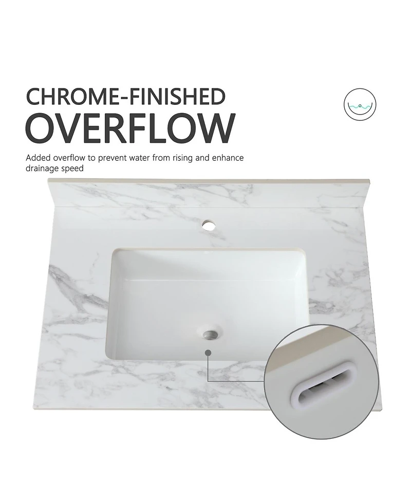 Sillysis 31/37/43 Inch Sintered Stone Bathroom Vanity Top with Rectangular Undermount Sink, 4 Inch Backsplash