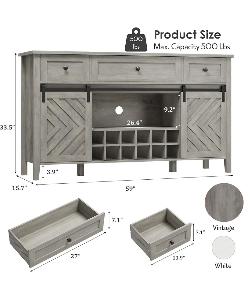 gaomon Farmhouse 59" Buffet Cabinet with Sliding Barn Door, 33.4" Tall Wood Rustic Sideboard with 3 Drawer