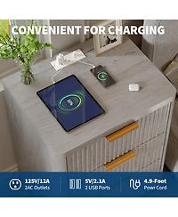 homfan Set of 2 Fluted Nightstands with Charging Station, 3-Drawer Bedside Tables Outlets and Usb Ports, Metal Handles