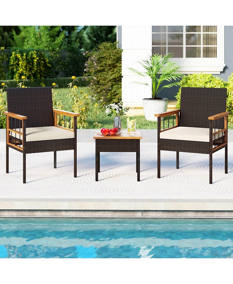 Costway Pcs Wicker Furniture Set with Acacia Wood Tabletop Armrests Cushions for Backyard