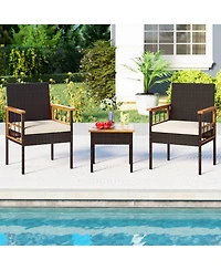 Costway 3 Pcs Wicker Furniture Set with Acacia Wood Tabletop Armrests Cushions for Backyard