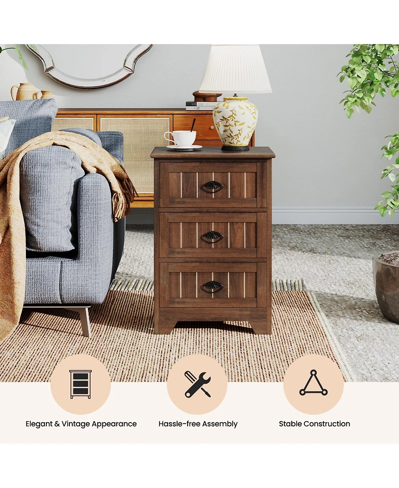 Gymax 2-Piece 3 Drawers End Table Nightstand Bedroom Storage Wood Slide