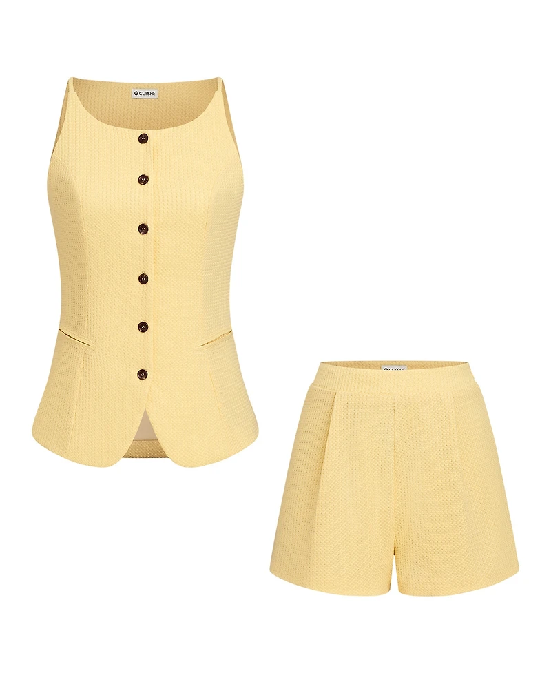 Cupshe Women's Button-Down Sleeveless Vest Top and High-Waisted Shorts Outfits