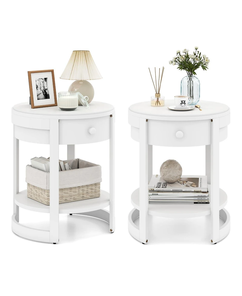 Gymax 2-Piece Nightstand with Shelf and Wood Grains Drawer Round End Table for Living Room