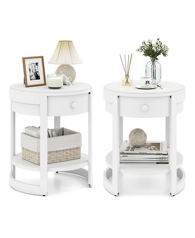 Gymax 2-Piece Nightstand with Shelf and Wood Grains Drawer Round End Table for Living Room