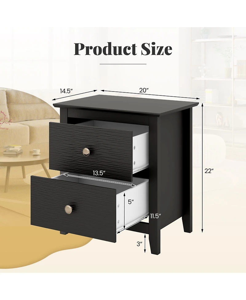 Gymax 2PCS Modern Nightstand w/ Storage 2 Drawers and Support Legs for Bedroom