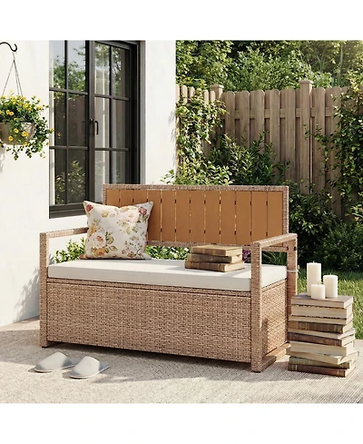 gaomon Outdoor Storage Bench with Cushion, 2-Person All-Weather Pe Rattan Patio Bench with Backrest and Armrests