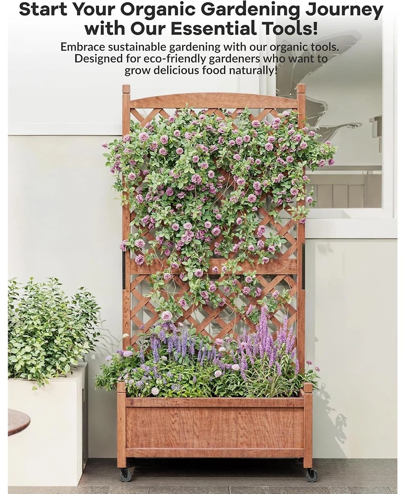 Xo 29.5" Wooden Raised Garden Bed with Trellis and Wheels, Planter Box for Climbing Plants Flowers, Outdoor Patio Balcony