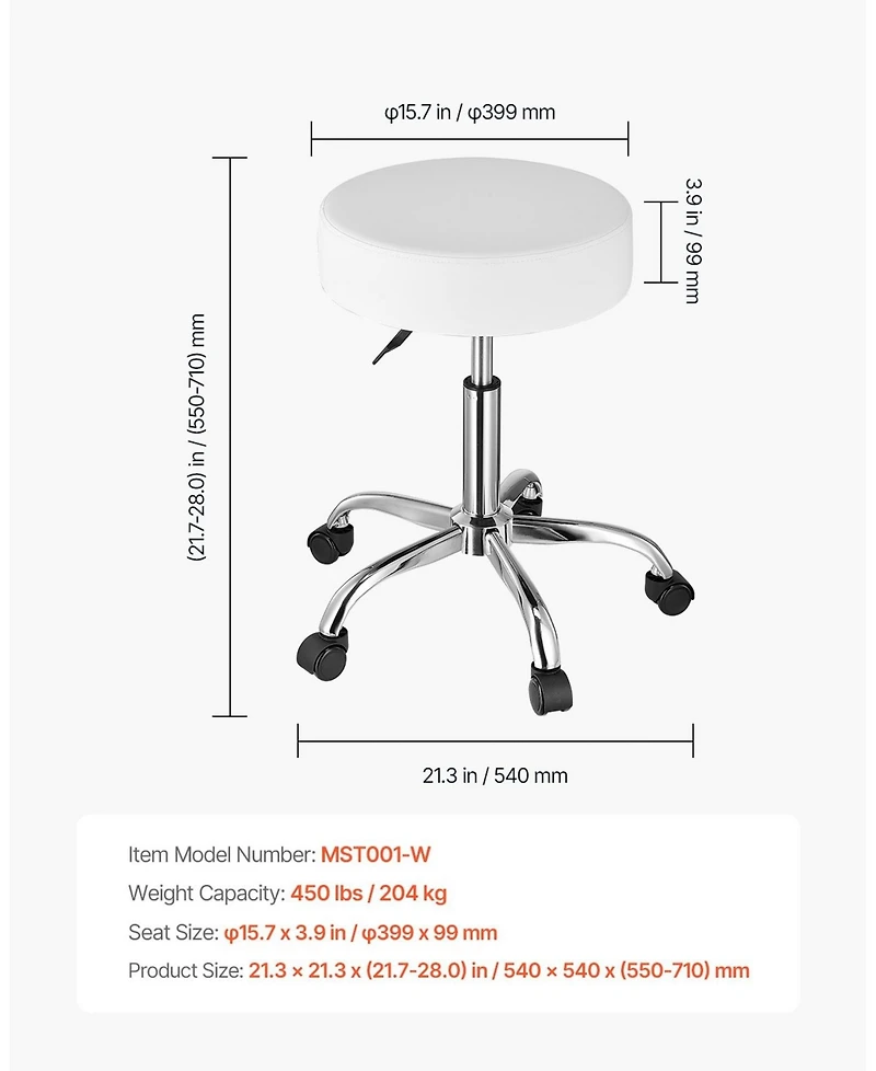 Gouun Height-Adjustable Rolling Swivel Stool with 450 lb Capacity, Pu Leather Seat