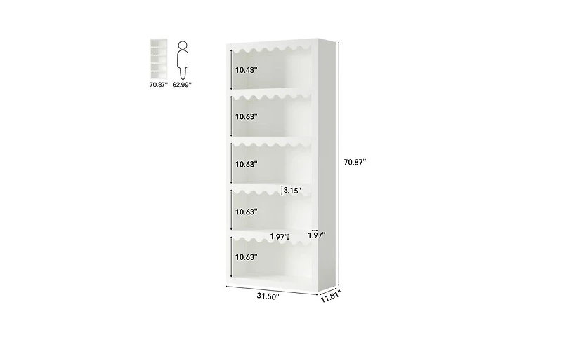 Slickblue 5-Tier Modern Bookcase with Decorative Scalloped Shelves for Living Room