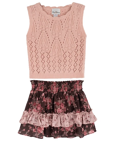 Rare Editions Girls' 7-16 Floral Crochet Sweater Vest and Tiered Skort, 2-Piece Set