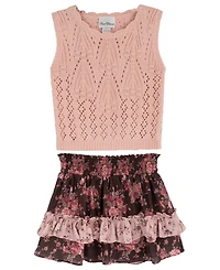 Rare Editions Girls' 7-16 Floral Crochet Sweater Vest and Tiered Skort, 2-Piece Set