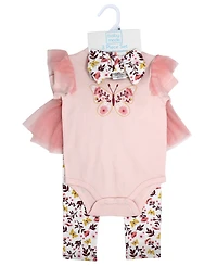Baby Mode Girls' Short-Sleeve Bodysuit, Pant and Headband