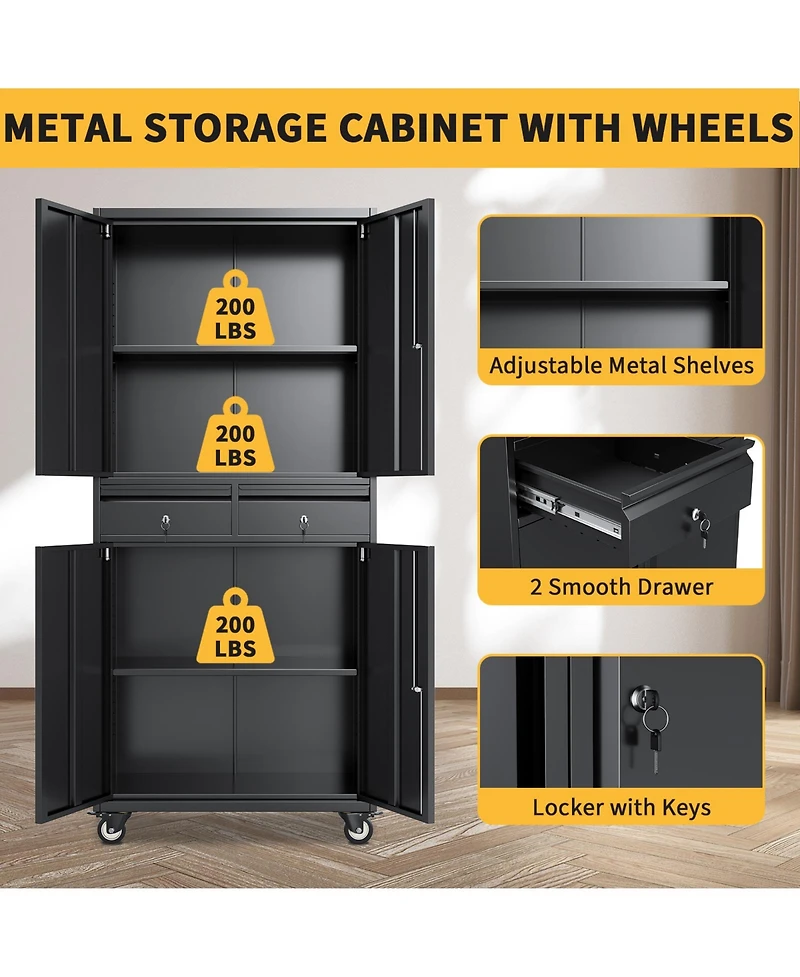 gaomon 73 Inch Heavy Duty Metal Storage Cabinet with Wheels, Locking Doors and 2 Drawers for Garage, Workshop, Office