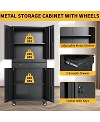 gaomon 73 Inch Heavy Duty Metal Storage Cabinet with Wheels, Locking Doors and 2 Drawers for Garage, Workshop, Office