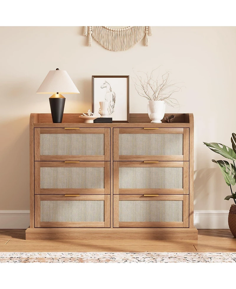 gaomon 6 Drawer Rattan Wooden Storage Dresser, 47.2 Inch Chest of Drawers with Ample Storage for Bedroom