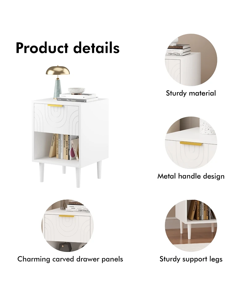 Rainsken Modern Nightstand, Wood End Table Kids Bedside Table with Drawer, Open Shelf and Gold Handle for Bedroom Decor