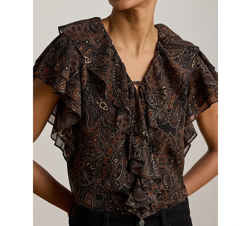 Lauren Ralph Petite Paisley Print V-Neck Georgette Blouse