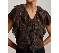 Lauren Ralph Petite Paisley Print V-Neck Georgette Blouse