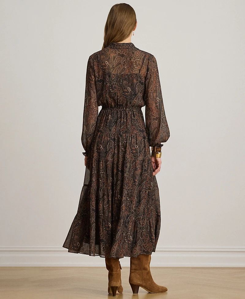 Lauren Ralph Petite Paisley Georgette Tie-Neck Tiered Dress