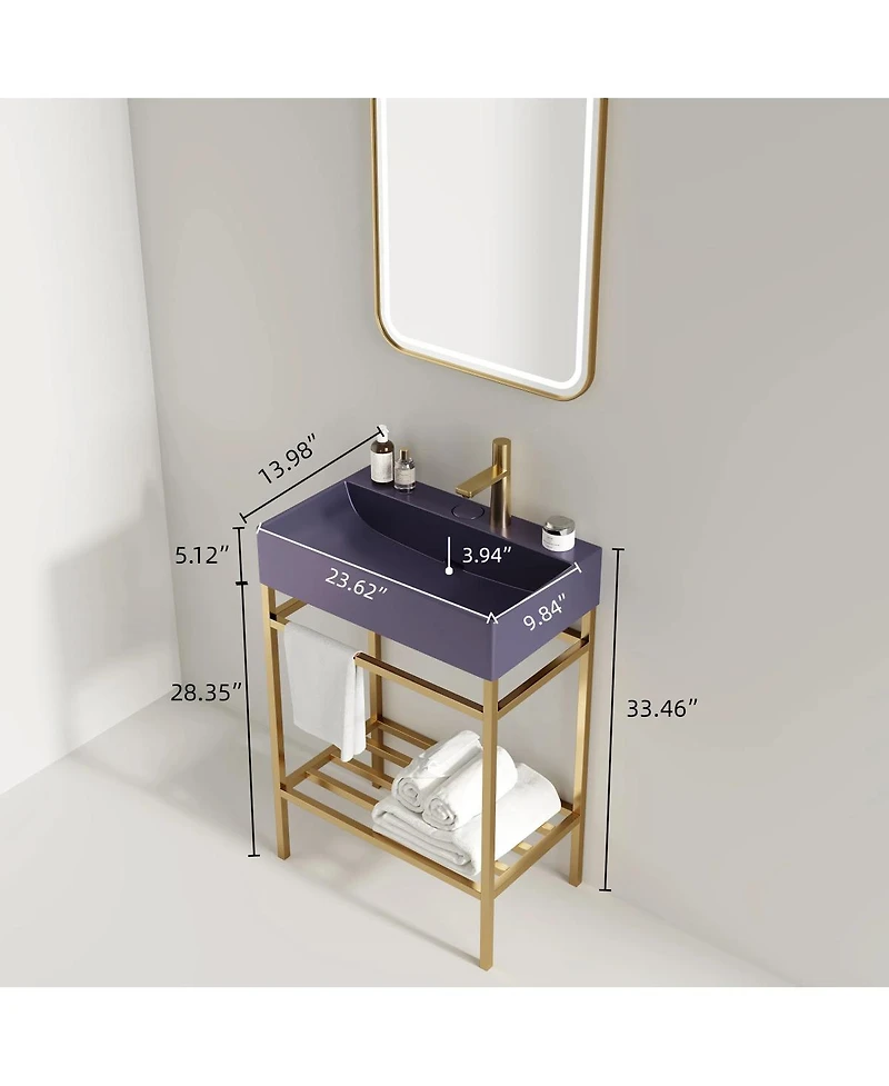 Sillysis Bathroom Vanity with Ceramic Integrated Sink, Metal Storage Shelf, Modern Freestanding Cabinet for Small Spaces