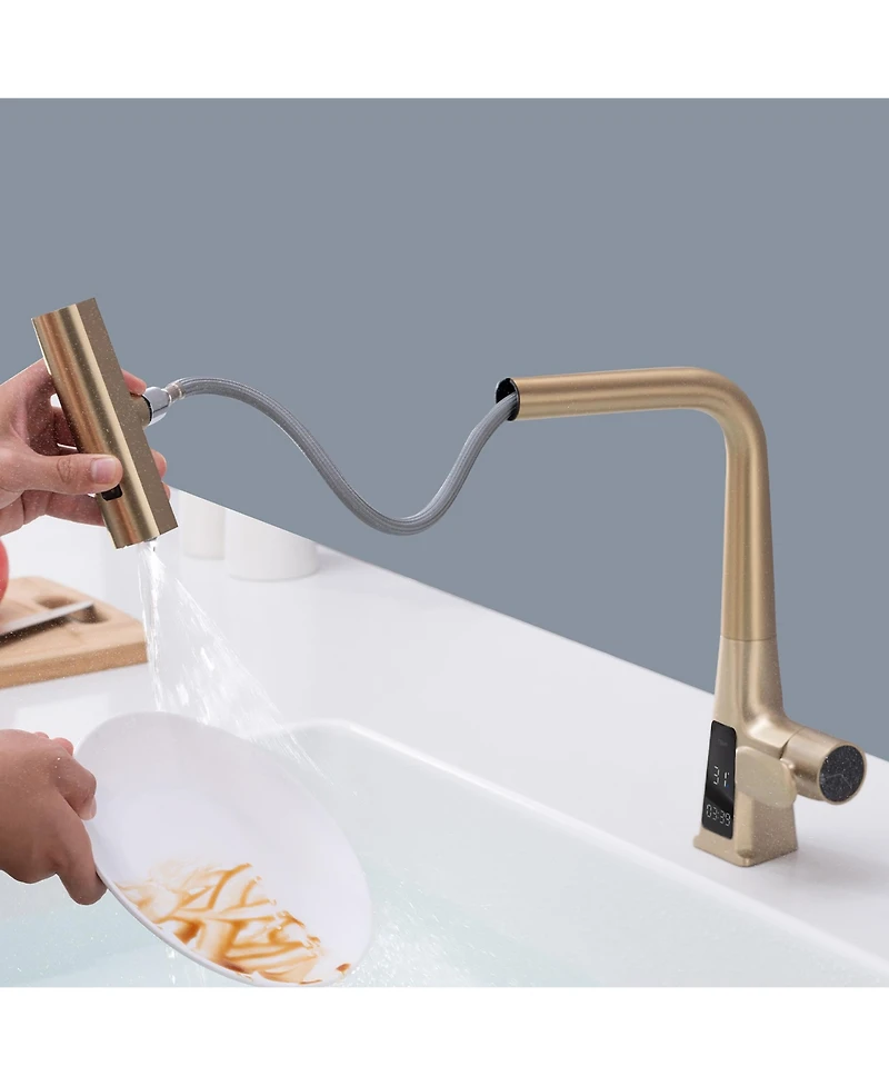Phying Brushed Gold Waterfall Kitchen Faucet with Temperature Display Single Handle Pull Down Sprayer Faucet Three Water Outlet Modes