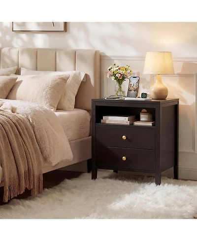 homfan Modern Nightstand with Charging Station, 2 Drawers and Open Shelf, Metal Knobs, Set Options, Multiple Finishes Sizes