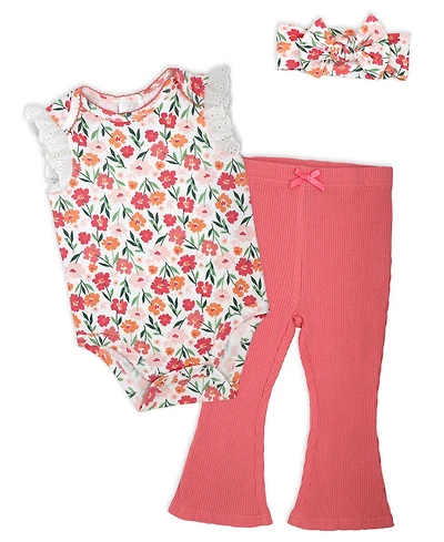 Baby Mode Girls' Short-Sleeve Bodysuit, Pant and Headband, 3-Piece Set
