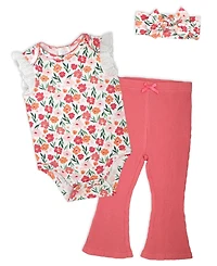 Baby Mode Girls' Short-Sleeve Bodysuit, Pant and Headband, 3-Piece Set