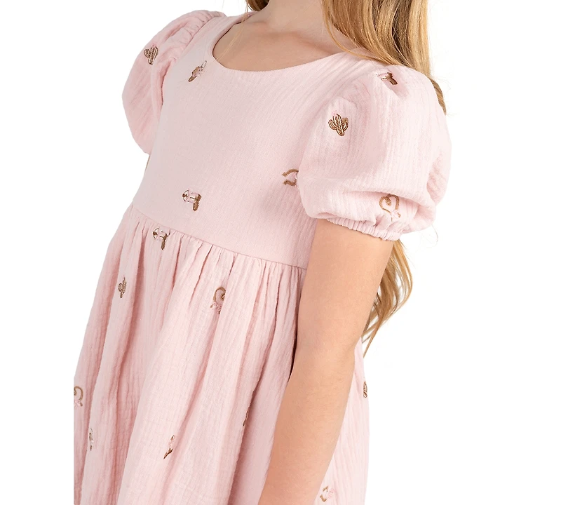 Rare Editions Girls' 2T-6x Embroidered Gauze Puff Sleeve Dress With Bag