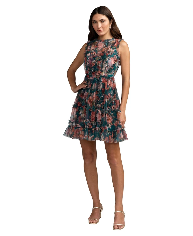 Mac Duggal Women's Floral Mesh High Neck Micro Ruffle Mini Dress