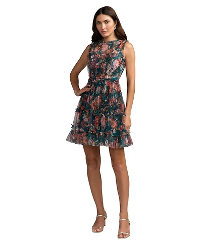 Mac Duggal Women's Floral Mesh High Neck Micro Ruffle Mini Dress