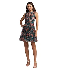 Mac Duggal Women's Floral Mesh High Neck Micro Ruffle Mini Dress