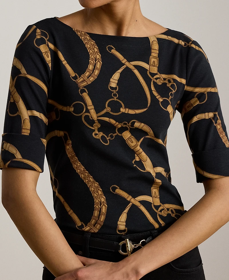 Lauren Ralph Petite Belting Print Boat Neck T-Shirt
