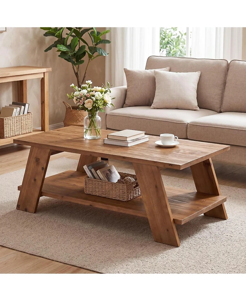 Tribesigns 47-Inch Solid Wood Coffee Table for Living Room, 2-Tier Rectangle Center Table with Storage Shelf