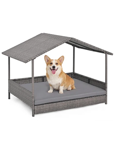 Cozito Wicker Dog House Elevated Pe Rattan Dog Bed with Canopy
