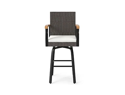 Mondawe Outdoor 360 Degree Swivel Bar Stool with Cushion and Acacia Wood Armrests