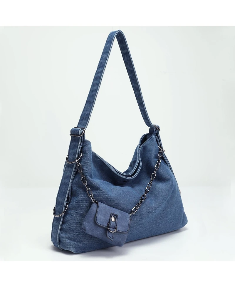 Susu Women's Drift Hobo Bag Slouchy Shoulder Crossbody Purse Casual Washed Denim Handbag with Chain Accent