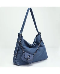 Susu Women's Drift Hobo Bag Slouchy Shoulder Crossbody Purse Casual Washed Denim Handbag with Chain Accent