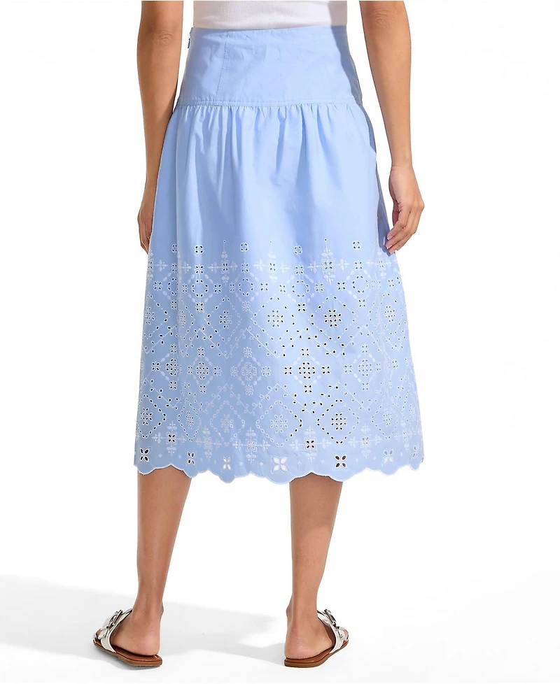 Lands' End Petite Poplin Drop Waist Embroidered Eyelet Midi Skirt