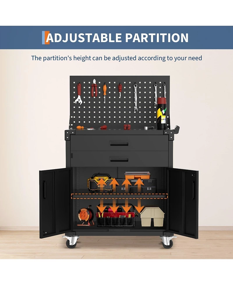 gaomon 35 Inch Heavy Duty Rolling Tool Cabinet with 2 Adjustable Shelves, Mobile Workbench for Garage, Workshop