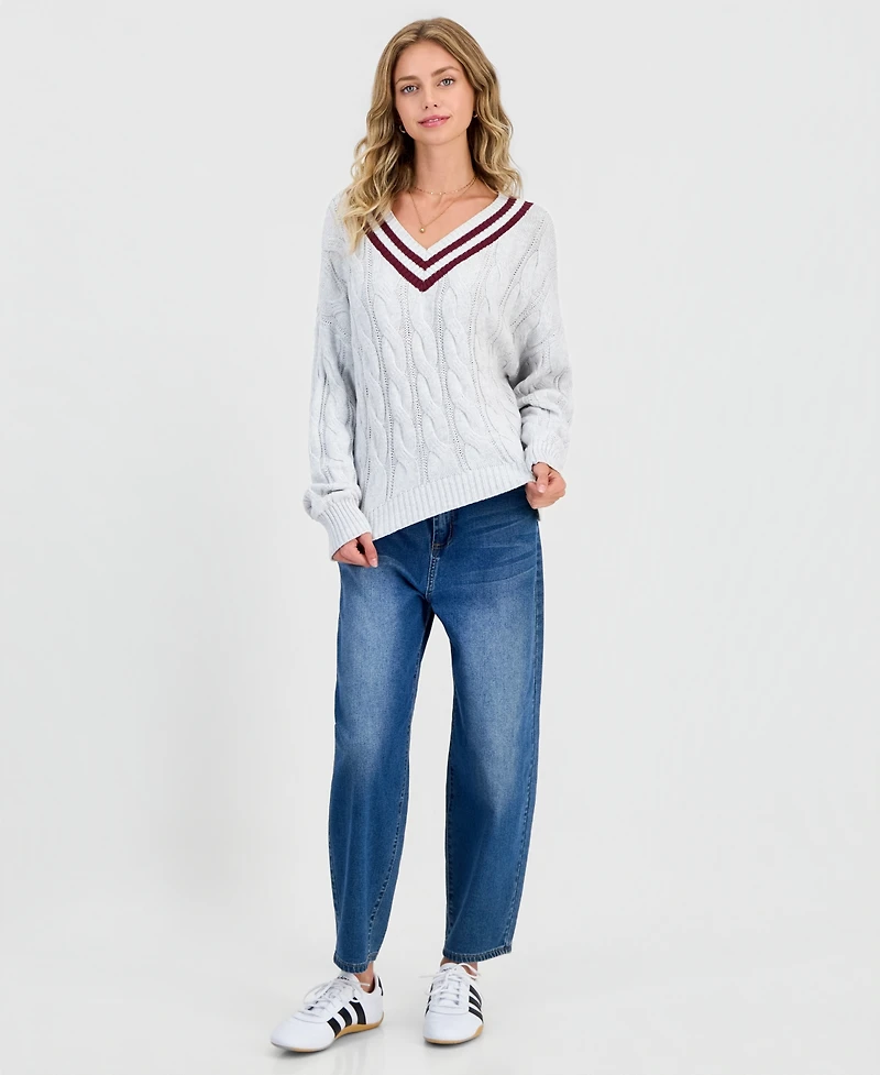 Hippie Rose Juniors' V-Neck Varsity Cable-Knit Sweater