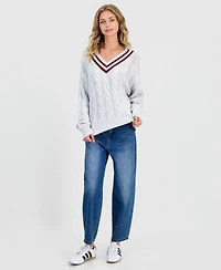 Hippie Rose Juniors' V-Neck Varsity Cable-Knit Sweater