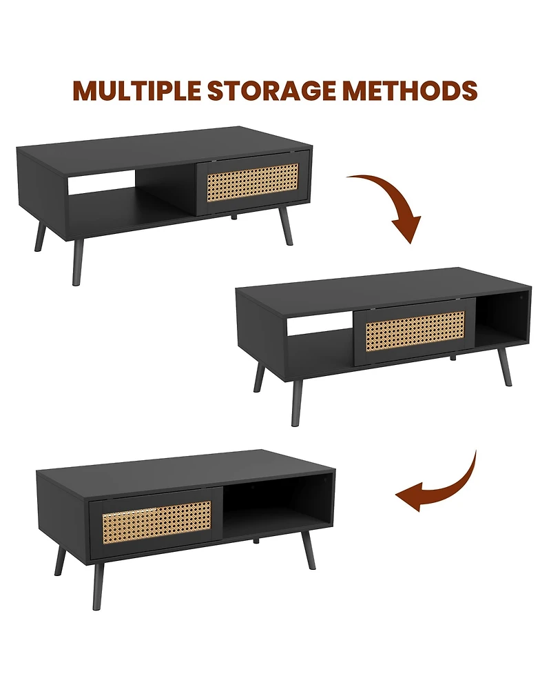 homfan Rattan Coffee Table with Storage, Farmhouse Boho Center Sofa Sliding Door and Open Shelf for Living Room, Bedroom