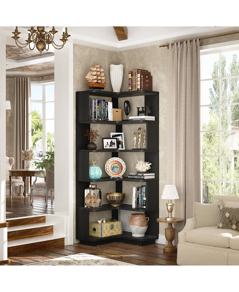 Aheaplus 5-Tier Corner Bookshelf, Space-saving Bookcase Display Storage Shelf