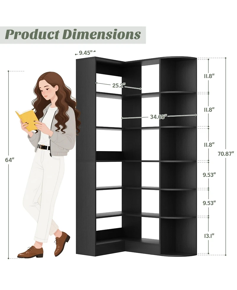 Aheaplus 71" Tall 6-Tiers Corner Bookshelf with Open Storage, Wooden Display Shelves for Bedroom