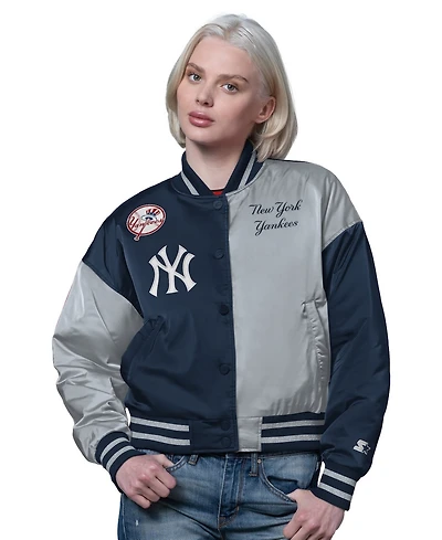 Starter Women's Navy/Gray New York Yankees Offside Cropped Full-Snap Varsity Jacket
